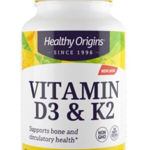 Vitamin D3 & K2, 50mcg/200mcg, 180 Softgels, Healthy Origins